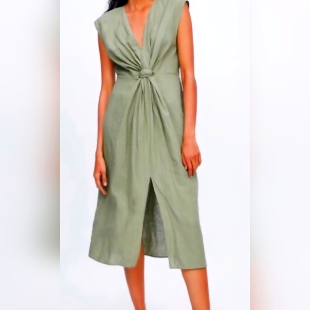 Zara Linen Blend Front Knot Midi Dress